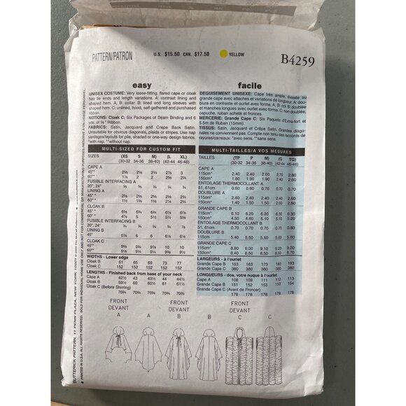 Butterick B4259 Unisex Costume Pattern Size Large XL Capes Cloaks Devil UNCUT - Picture 5 of 6